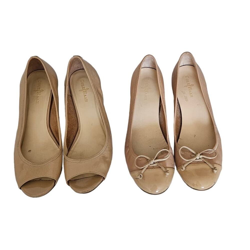 2x Cole Haan Nike Air Tali Nude Beige Patent Leather Peep Toe + Cap Wedge Heel 6